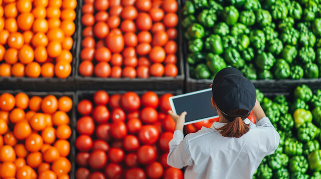 Inventory manager inspecting fresh produce with tablet in market