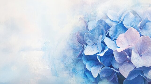 Blue hydrangeas on a subtle watercolor backdrop, close-up shot, Minimalist style