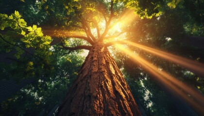 Obraz premium Immerse yourself in the breathtaking beauty of nature with this awe-inspiring image of towering redwood trees, their colossal trunks reaching towards the heavens Sunrays stream through the canopy