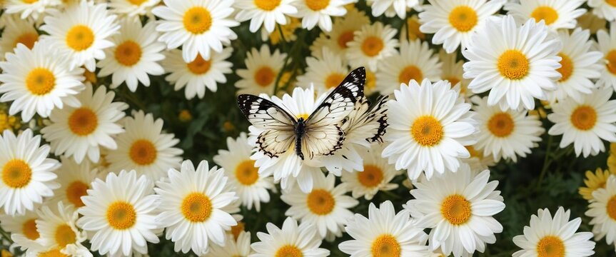 White chrysanthemum flowers with bright butterfly Aglais io on yellow petals, butterfly, aglais, aglais io