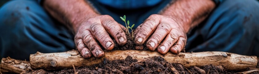 Witness the nurturing touch of an Elderly farmers hands planting seedlings in soil, close-up detail, symbolizing growth and nurturing The weathered skin tells a story of years spent cultivating life