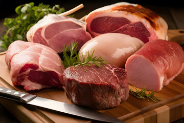 Raw red meat on a cutting wooden board with knife