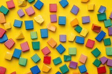 Obraz premium Colorful Close-Up of Assorted Geometric Foam Blocks on a Yellow Background, Perfect for Educational Purposes and Creative Crafts