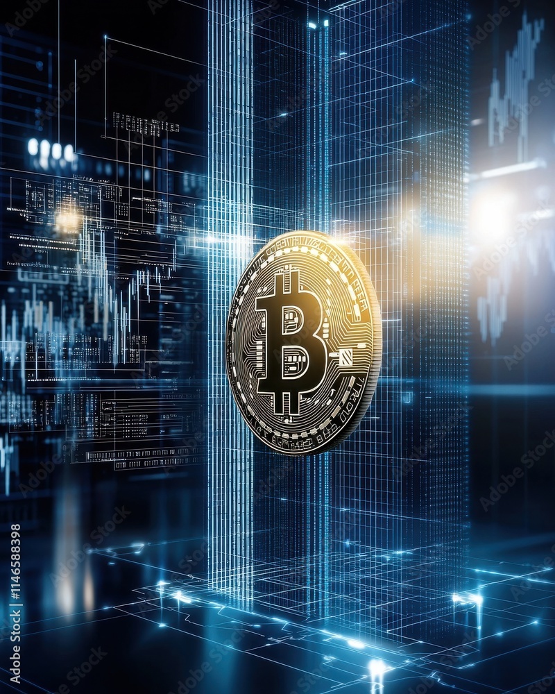 Poster golden bitcoin symbol emerging vertically from glowing data streams in a high-tech financial environ