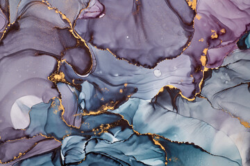 Obraz premium Flowing shapes and delicate metallic touches, abstract artwork on together rich tones and golden highlights. The liquid ink technique create fluidity, feeling of depth, beauty