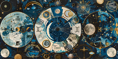 collage of celestial and zodiac symbols, with golden accents and blue hues, a mysterious cosmic backdrop filled with stars and planets