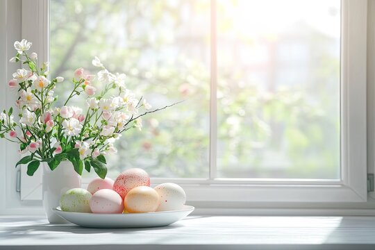 Fototapeta Easter eggs and spring flowers on white table over blurry kitchen window background 