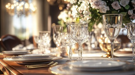 elegant dinner table setting with crystal glasses and floral cen