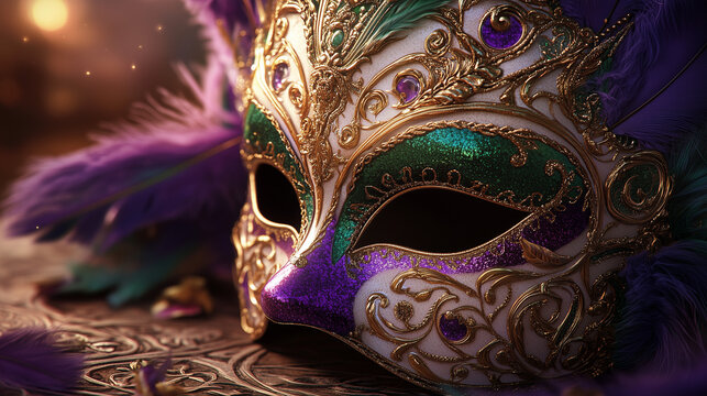 Single Mardi Gras mask with vibrant purple and green details, intricate gold patterns, and feathers resting on a decorated festive table