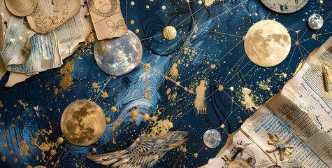 collage of celestial and zodiac symbols, with golden accents and blue hues, a mysterious cosmic backdrop filled with stars and planets