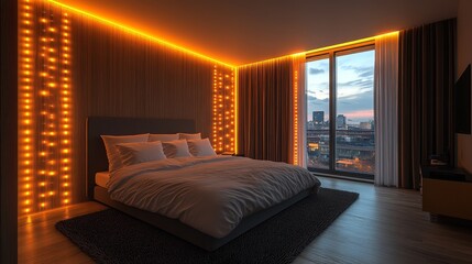 Modern bedroom with ambient lighting and city view