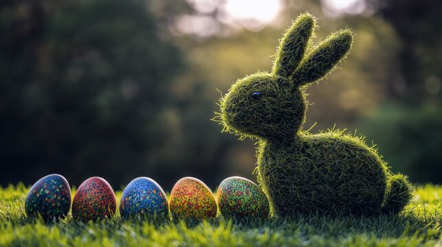 Colorful easter eggs surround a grass-shaped rabbit silhouette on vibrant green grass in a festive spring setting