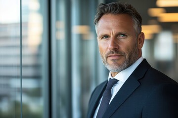 A poised businessman stands confidently by a large window, showcasing a modern cityscape behind him, reflecting professionalism and determination in his demeanor.
