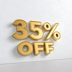 3D golden text, 35% off sale, discount promotion, metallic letters, white background