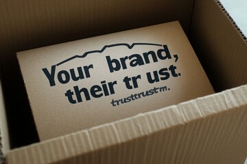 Conceptual packaging featuring a box with the text "Your brand, their trust" emphasizing the importance of consumer confidence in products and services through branding strategies.