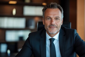Fototapeta premium A professional man smiles at the camera in an elegant office setting, embodying confidence, success, and a strong business presence.