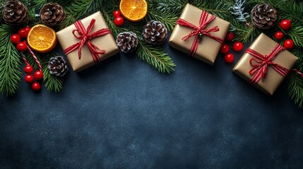 Festive holiday decorations with gifts and natural elements