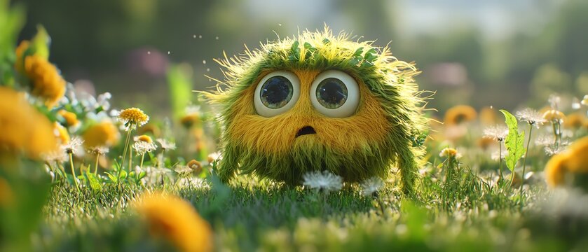 Weed character as lawn monster, dandelion and clover wreaking havoc, crabgrass infestation, vibrant garden scene, herbicide solution representation