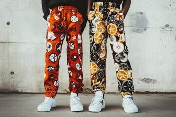 Two models wear patterned pants and white shoes.