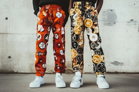 Two models wear patterned pants and white shoes.