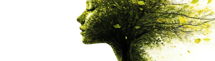 Fototapeta premium Emptiness to renewal, tree and leaves transforming into human head, symbol of rehabilitation and personal reawakening, vivid and symbolic nature illustration