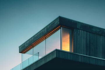 Nowoczesna architektura – fragment minimalistycznego budynku z dużymi szklanymi oknami i podświetleniem wewnętrznym. 