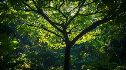 Lush Green Leaves of a Towering Tree Gently Swaying in the Peaceful Forest Atmosphere