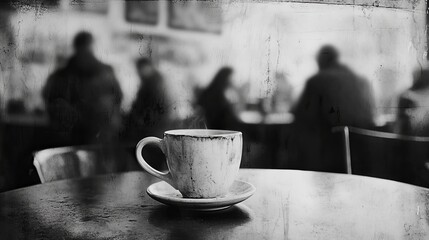 A steaming cup of coffee sits on a table in a dimly lit cafe, the blurry figures of patrons adding to the serene atmosphere. The grayscale palette enhances the mood of quiet contemplation.