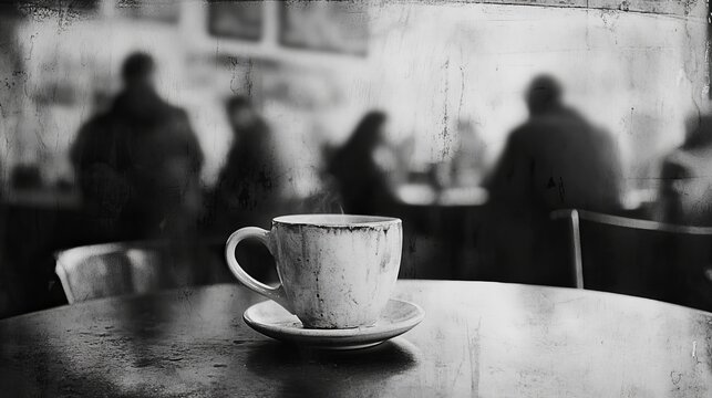 A steaming cup of coffee sits on a table in a dimly lit cafe, the blurry figures of patrons adding to the serene atmosphere. The grayscale palette enhances the mood of quiet contemplation.