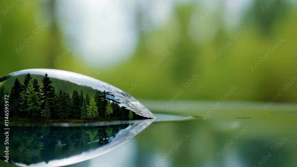 Poster reflections of a serene forest captured in a droplet on a tranquil surface at a peaceful location