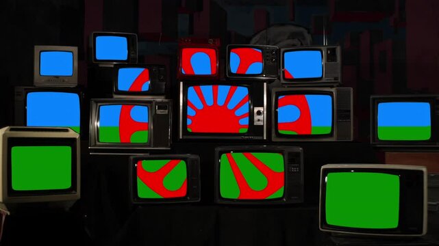 Romani Flag on Stacked Retro TVs in 4K