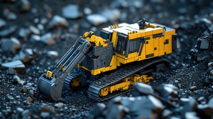 Detailed Close-Up View of a Modern Excavator on a Construction Site Surrounded by Gravel and Stones, showcasing Advanced Engineering and Design Features.