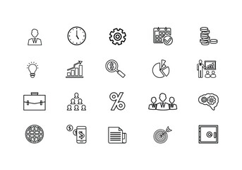 business and finance icons. Business teamwork and management line icons collection. Business Workshop icons for web and mobile app. Simple Set of Business Management Related icons.