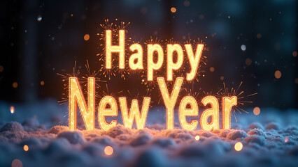 Happy New Year Celebration with Glowing Text in Snow. Concept of Holiday, Festivity, and New Beginnings.