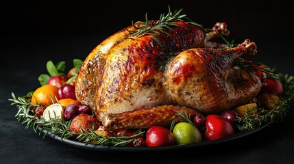Roasted thanksgiving turkey decorated with fruits and herbs on a platter