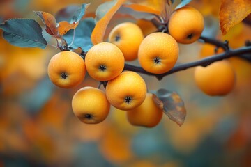 Ripe yellow apples hanging on branch in autumn orchard