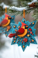 Christmas ornaments shaped like cardinal bird hanging on snowy pine tree