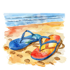 A watercolor vector of colorful flip-flops on a sandy beach, isolated on a white background. Colorful flip-flops sandy beach vector.
