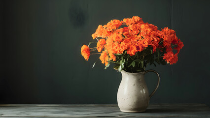 Orange flowers in white vase on the table with dark background 