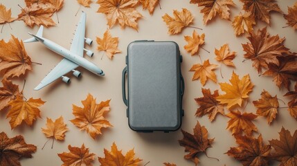 Autumn travel concept with airplane and suitcase surrounded by colorful fall leaves