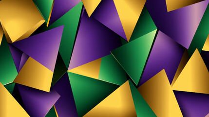 Obraz premium Geometric Mardi Gras pattern with vibrant triangles in purple, green, and gold, highlighting the playful and celebratory spirit of the season