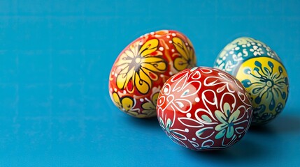 Easter eggs on a bright background. Easter celebration concept. Colorful easter handmade decorated Easter eggs. Place for text. Copy space. 