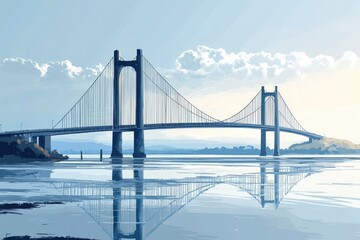 Obraz premium Suspension bridge reflecting on calm water at sunset