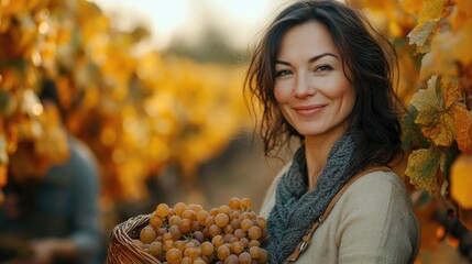 Winemaker woman holding basket of grapes in autumn vineyard during harvest