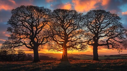 Magnificent Silhouetted Trees Framing a Vibrant Sunset Sky in Tranquil Woodland Landscape