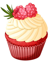 Red Velvet Cupcake with Cream Cheese Frosting and Raspberry Toppings. Festive Pastry Vector Art