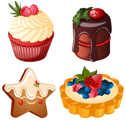 Christmas Festive Dessert Collection with Red Velvet Cupcake, Chocolate Cranberry Mini Cake, Star-Shaped Gingerbread Cookie and Fruit Tart