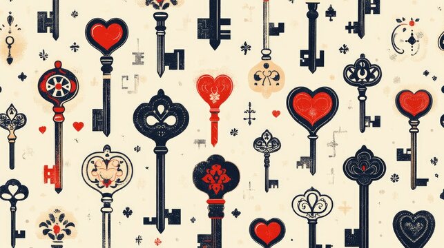 Vintage keys forming seamless pattern on light background