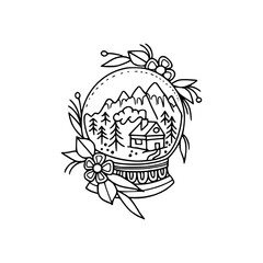 a line art drawing of a snow globe with a house inside