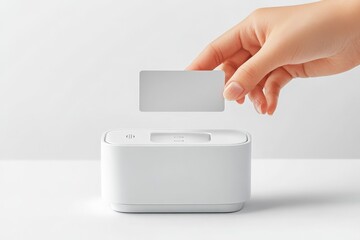 Minimalist Hand Inserting Blank Card into Modern White Card Holder on Clean Surface for Stylish Organization in Contemporary Office or Home Environment